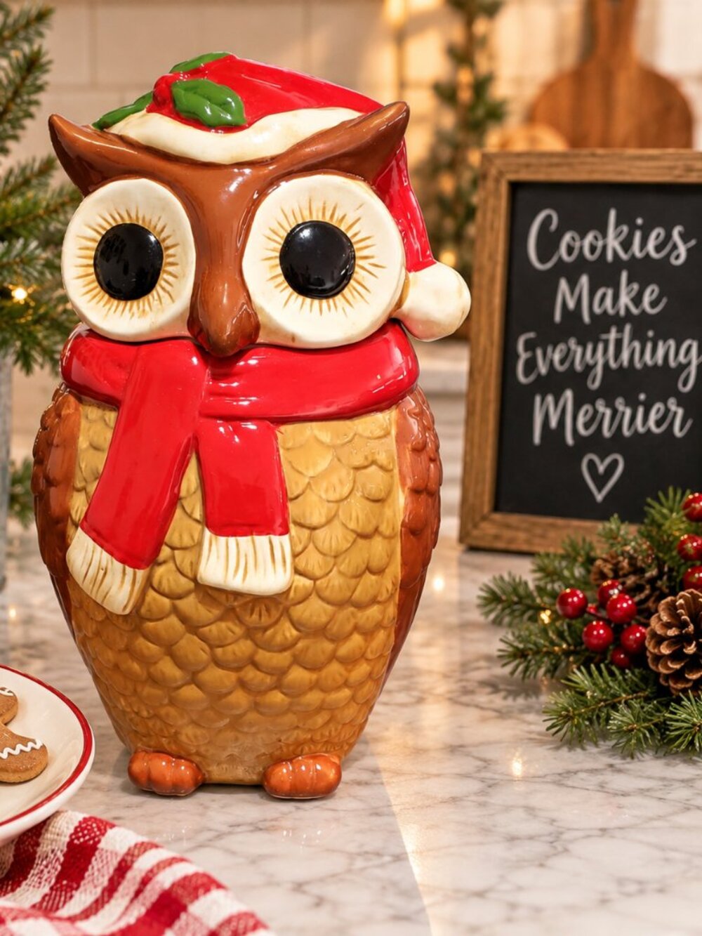 🎄 Vintage-Style Holiday Santa Hat & Scarf Owl Ceramic Cookie Jar
